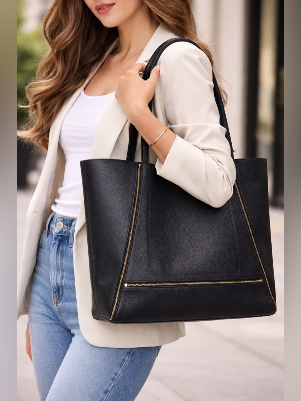 Botkier Black Pebbled Leather Tote Bag Large Zip Detail Shoulder Bag